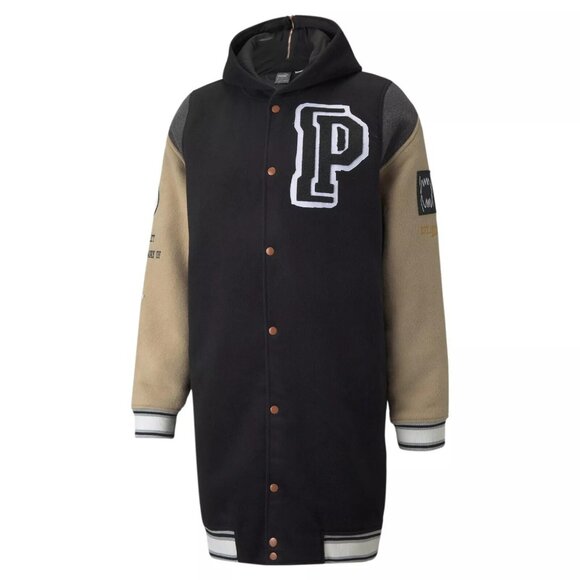 PUMA SIGNATURE Varsity P Patch Long JACKET Snap Button Wool Blend Coat Black - Picture 2 of 13